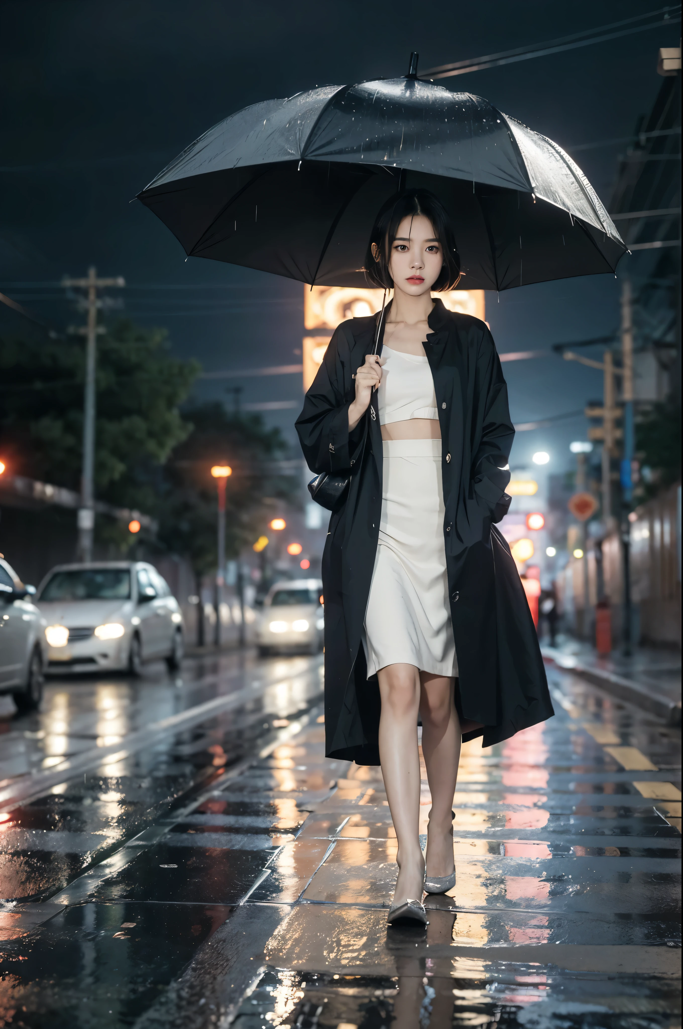 (((best quality))),(((ultra detailed))),(((masterpiece))),illustration,1girl, young,solo, slim,thin,shoulder length straight bob hair,small breasts,flat chest,standing,rainy night, heavy rain, drenched clothes, melancholy expression, solitude, tear rolling down cheek, wet hair, empty streets, dimly lit, deserted environment, sound of rain, footsteps, discarded umbrella on the ground, symbol of hope, abandoned, resilience, determination, walking in rain, heartbreak, loss, love fading, loneliness, body language, facial expression, dreary atmosphere, rain-soaked streets, somber mood, viewer engagement,full body