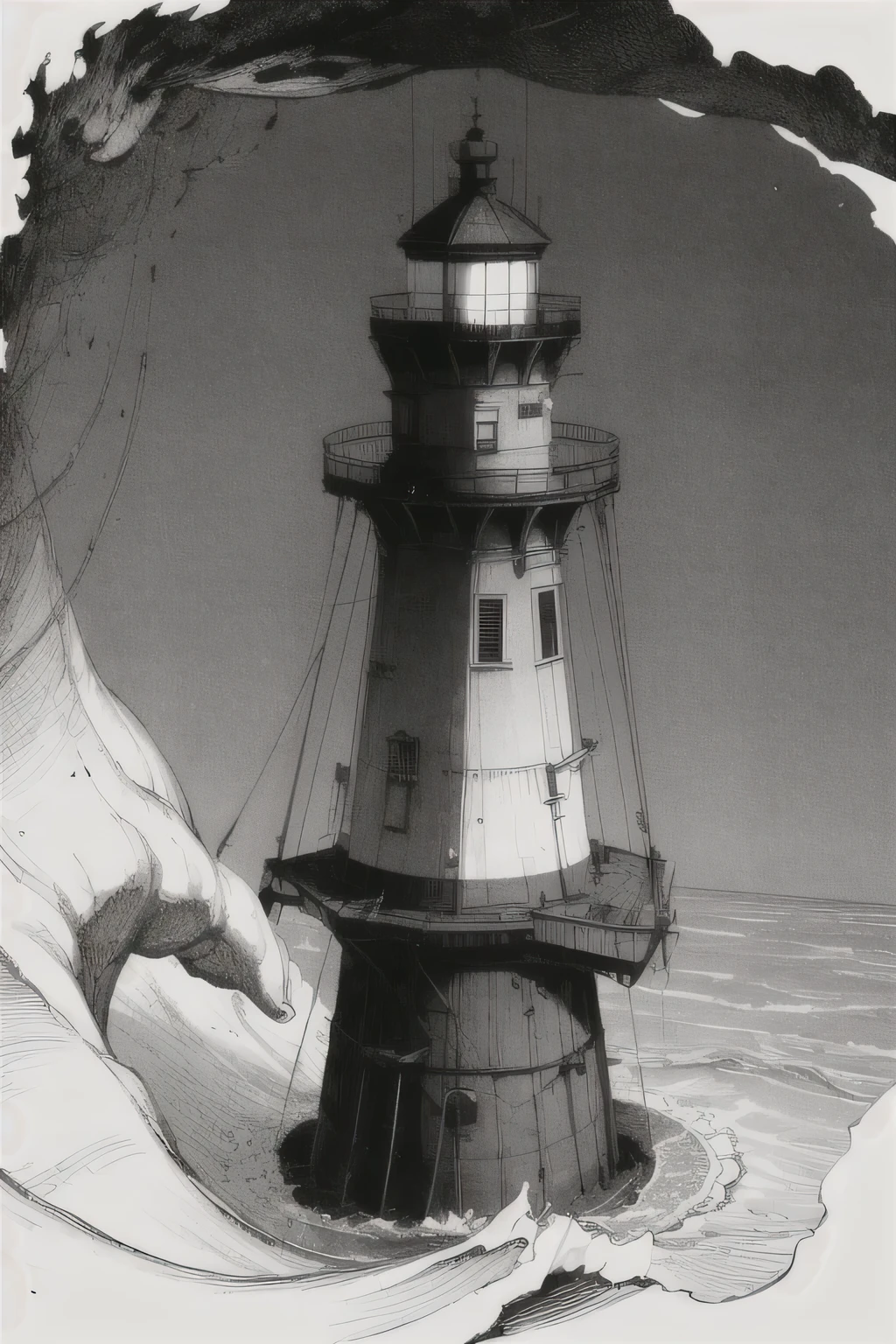 A lighthouse on top of a suspended platform above wild ocean waters in the darkness, black and white