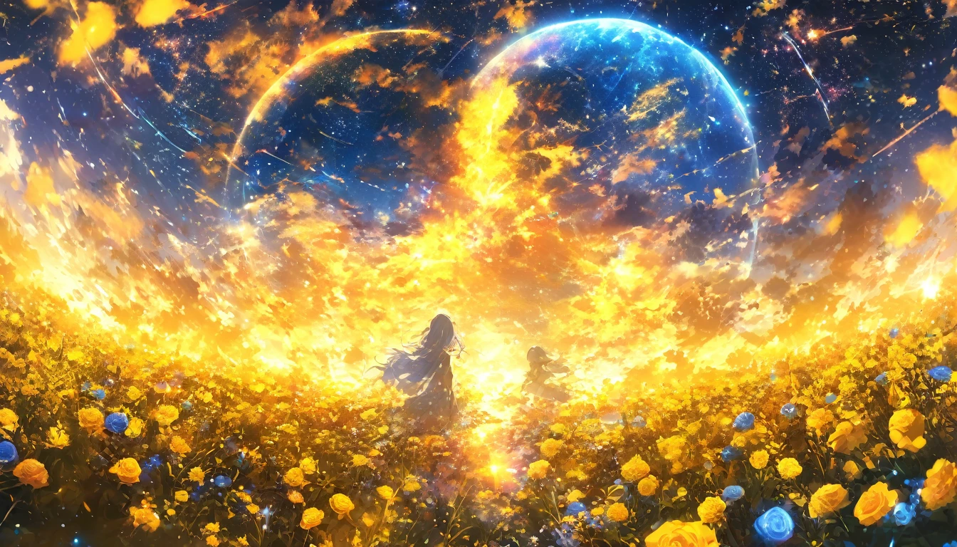 masterpiece, Concept Art, Panorama, in the center, shape, Wide Shot, garden, night, (meteor), Space galaxy background, (Great composition, Epic Scale), Dynamic Lighting, Bright colors, Blue rose,Landscape Long Eyelashes, Round eyes, Silver Hair, Half-closed eyes, sad, Cast a Shadow, Anaglyph, Stereogram, tachi-e, Atmospheric perspective, Wide Shot, reflected light, 8k, Super Detail, Highest quality, Anatomically correct、yellow