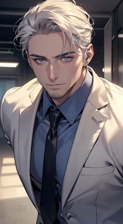 (best quality,4k,8k,highres,masterpiece:1.2),ultra-detailed,(realistic,photorealistic,photo-realistic:1.37),1 man,31 years old,mature man,very handsome,without expression,smile,short white hair,blue eyes,penetrating gaze,perfect face without errors,imposing posture,businessman,office background,cinematic lighting,hdr image
