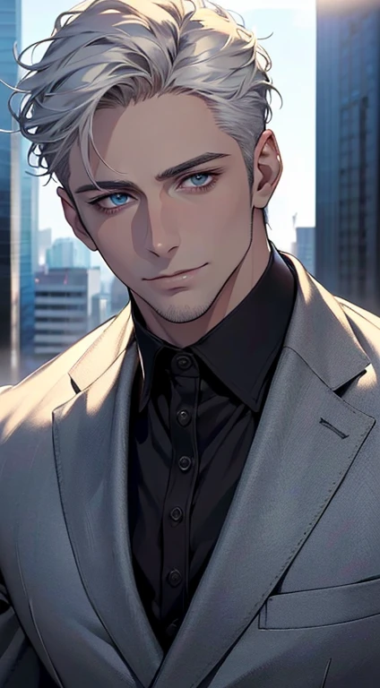 (best quality,4k,8k,highres,masterpiece:1.2),ultra-detailed,(realistic,photorealistic,photo-realistic:1.37),1 man,31 years old,mature man,very handsome,without expression,smile,short white hair,blue eyes,penetrating gaze,perfect face without errors,imposing posture,businessman,office background,cinematic lighting,hdr image