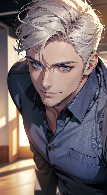 (best quality,4k,8k,highres,masterpiece:1.2),ultra-detailed,(realistic,photorealistic,photo-realistic:1.37),1 man,31 years old,mature man,very handsome,without expression,smile,short white hair,blue eyes,penetrating gaze,perfect face without errors,imposing posture,businessman,office background,cinematic lighting,hdr image