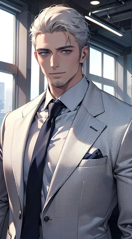 (best quality,4k,8k,highres,masterpiece:1.2),ultra-detailed,(realistic,photorealistic,photo-realistic:1.37),1 man,31 years old,mature man,very handsome,without expression,smile,short white hair,blue eyes,penetrating gaze,perfect face without errors,imposing posture,businessman,office background,cinematic lighting,hdr image