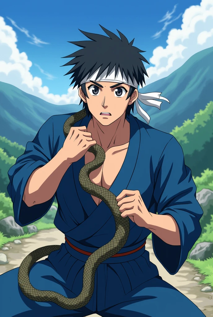 anime、Photographer's POV、Chest to head、looking at the camera、male、Around 40 years old、Muscular build、Square face、Round Nose、short hair、No bangs、Black Hair、Blue Jinbei、White headband、Deep in the mountains、Thirsty、Chest to head、Fighting the snake
