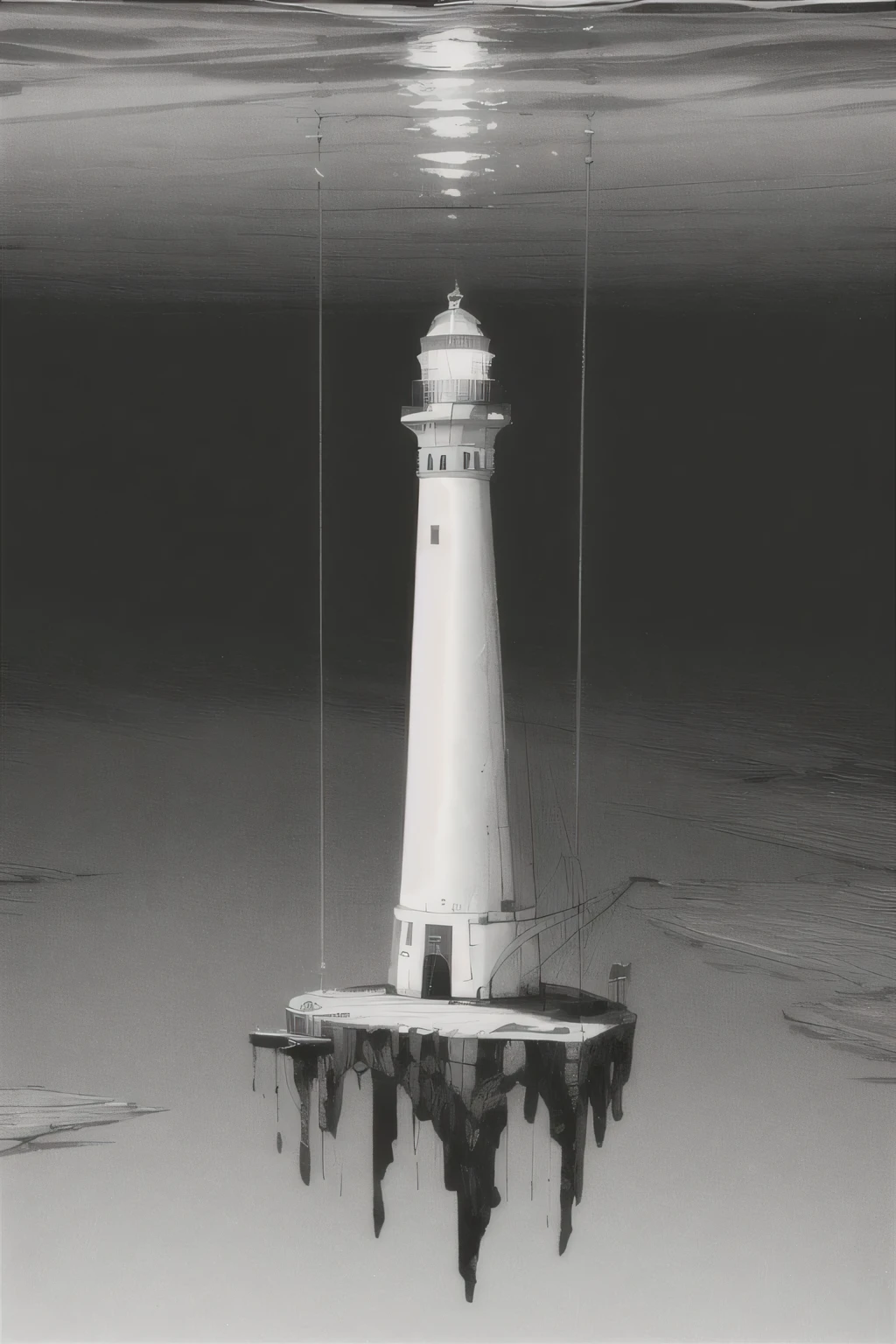 A distorted lighthouse on top of a suspended platform above wild ocean waters in the darkness, black and white