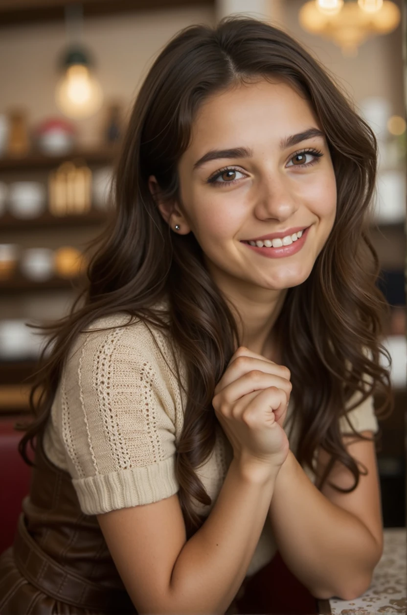 A Spanish girl , 18-age-old, beautiful girl  ,in Madrid cafe, sitting pose, winter wears, tea time, (dark brown hair , brown eye, middle curl hair, little smile ),noon  ,(super detail, high details, high quality, accurate, anatomically correct, textured skin, beautiful fingers super detail, high details, high quality, best quality)