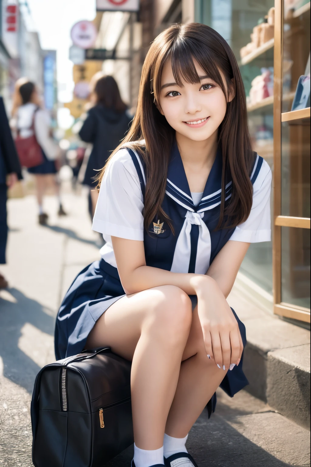 Pure Japanese school girl, outstanding body, beautiful legs, wearing uniform, natural hairstyles, sweet smile, sitting and relaxing, refreshing in early summer, 