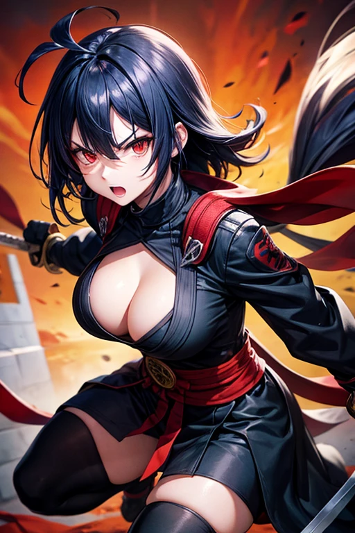 Red eyes, Bob Hair, Large Breasts, Navy Blue Hair, Inner Color, Black Ninja Uniform,Angry, Sword holding,Ahoge, Fight the enemy whole body