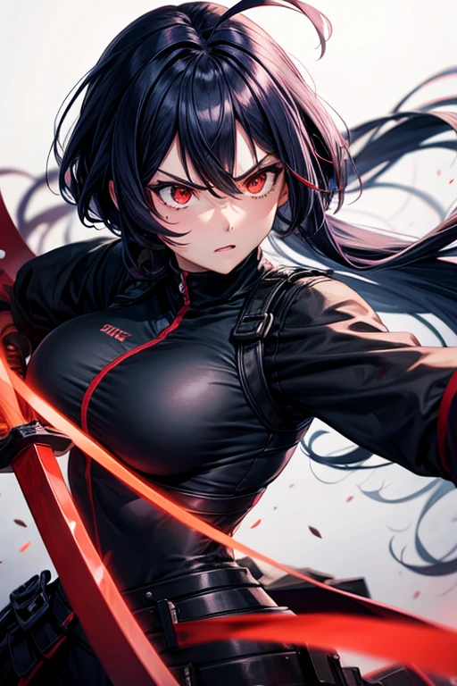 Red eyes, Bob Hair, Large Breasts, Navy Blue Hair, Inner Color, Black Ninja Uniform,Angry, Sword holding,Ahoge, Fight the enemy　whole body