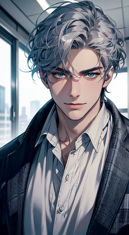 (best quality,4k,8k,highres,masterpiece:1.2),ultra-detailed,(realistic,photorealistic,photo-realistic:1.37),1 man,31 years old,mature man,very handsome,without expression,smile,short grey blue hair,blue eyes,penetrating gaze,perfect face without errors,imposing posture,businessman,office background,cinematic lighting,hdr image