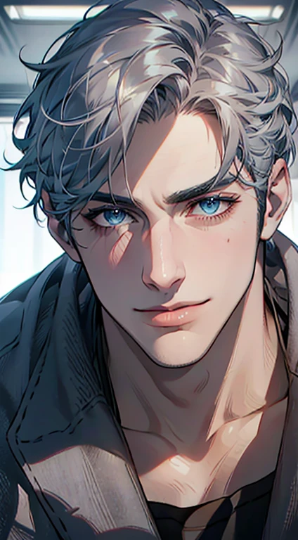 (best quality,4k,8k,highres,masterpiece:1.2),ultra-detailed,(realistic,photorealistic,photo-realistic:1.37),1 man,31 years old,mature man,very handsome,without expression,smile,short grey blue hair,blue eyes,penetrating gaze,perfect face without errors,imposing posture,businessman,office background,cinematic lighting,hdr image