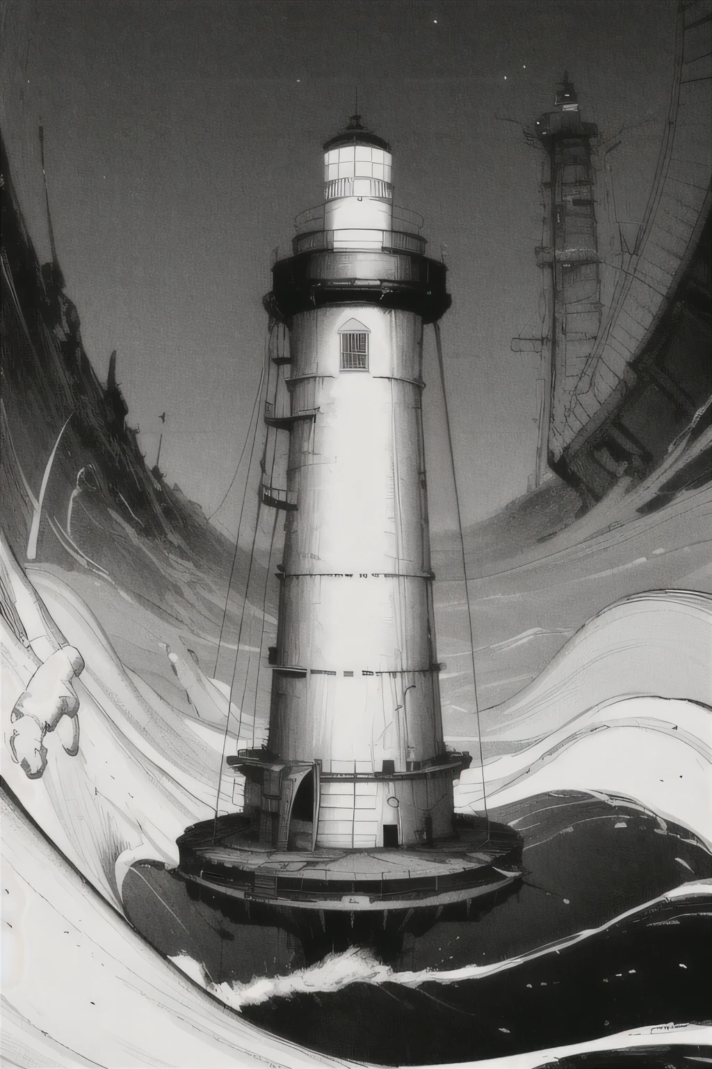 A distorted lighthouse on top of a suspended platform above wild ocean waters in the darkness, black and white