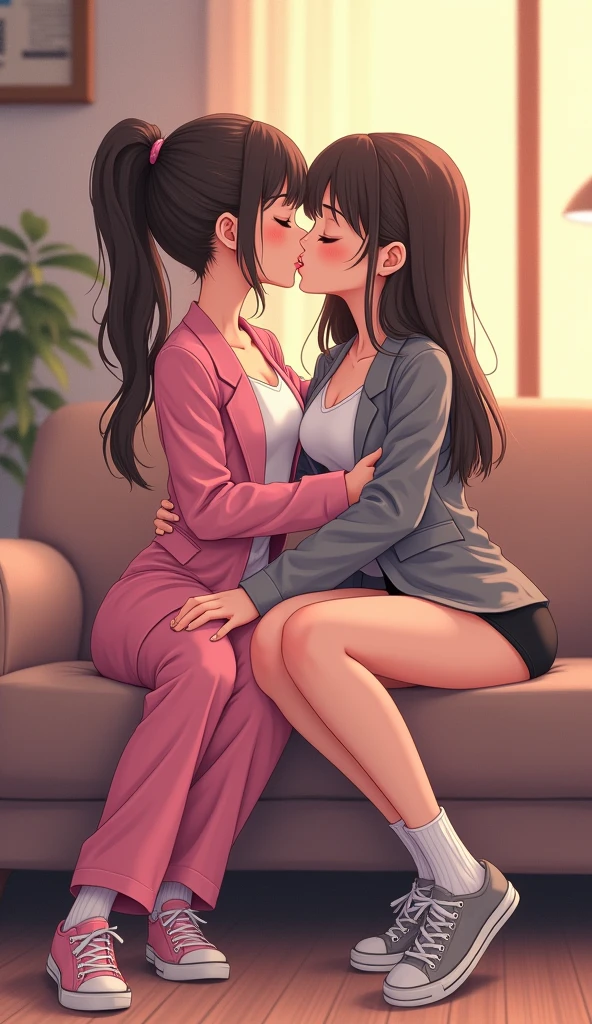 Two girls, yuri,(The first girl wear a pink suit, white tank top, black underpants, white socks, pink sneakers) and (The second girl wore a grey suit, white tank top, black underpants, white socks, grey sneakers) french kiss, lesbian kiss, hugging, sensual body, closed eyes, sit on the sofa, living room, novel cartoon, 4K, HD