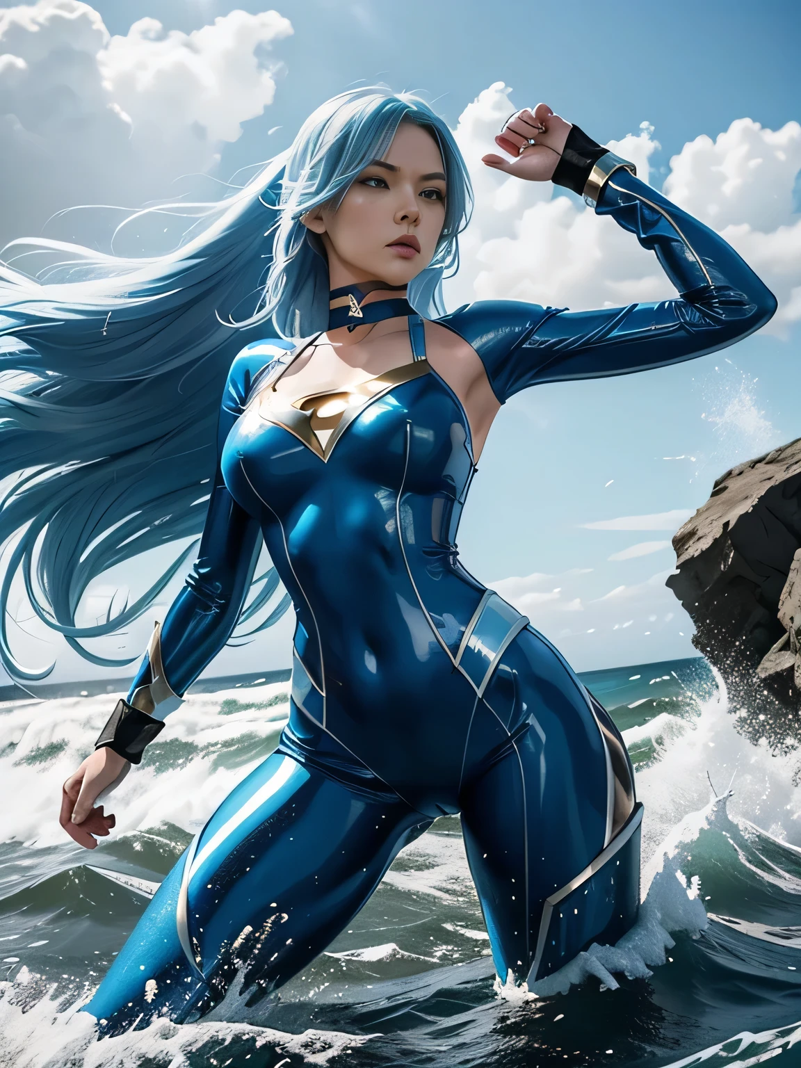 superheroine, long long gorgeous light blue hair, slender body, latex, leotard, blue and white costume, bravery, cool action, fighting pose choker, hair blowing, raging sea behind her, tidal wave is about to hit her, ((looking sideways)), ((worrying about what is behind))