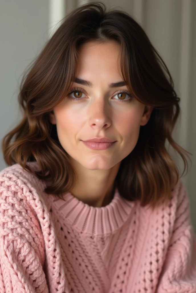 A 36 year old woman with brown hair and with brown eyes wearing pink sweater