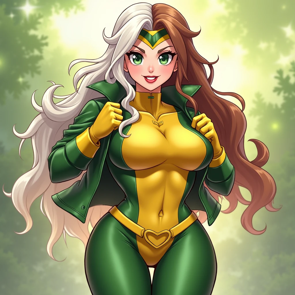 good anatomy, masterpiece, best quality, bokeh, depth of field, highres, high quality, 1girl,
CARTOON_X_MENs_Rogue,ownwaifu,
long hair,breasts,brown hair,green eyes,lipstick,makeup,lips,white hair,two-tone hair,headband,wavy hair,large breasts,messy hair,curly hair,big_hair,
yellow bodysuit,jacket,gloves,belt,yellow gloves,green bodysuit,bodysuit,multicolored bodysuit,superhero, skin tight,multicolored clothes,