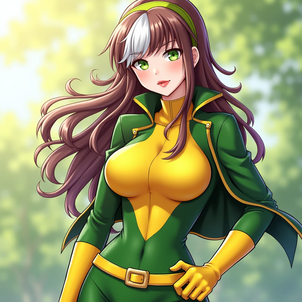 good anatomy, masterpiece, best quality, bokeh, depth of field, highres, high quality, 1girl,
CARTOON_X_MENs_Rogue,ownwaifu,
long hair,breasts,brown hair,green eyes,lipstick,makeup,lips,white hair,two-tone hair,headband,wavy hair,large breasts,messy hair,curly hair,big_hair,
yellow bodysuit,jacket,gloves,belt,yellow gloves,green bodysuit,bodysuit,multicolored bodysuit,superhero, skin tight,multicolored clothes,