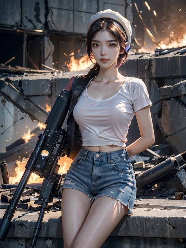 battlefieldで戦う日本の高校のセーラー服の美しい日本の16歳の女の子、Light Muscle、World war、現代warのテーマ、Army Girl、rifle、(rifleの保持: 1.3)、(rifleの照準と保持: 1.3)、Soldier Girl, Infantry Girl, Gunfight, air raid, Airstrike, military, Camouflage, burning vehicle, war地帯, battlefield, war, Remains, explosion, burning city, cigarette, (Helmet), Ripped Tank Top, belly button, gloves, Torn military trousers、Faces stained with mud and blood、Sweaty skin、bloody skin、Mud-stained skin、small、Cleavage、Sad look of despair、Painful expression、highest quality、Ultra-high resolution、Disorganized、Real、Physically Based Rendering、Cinematic lighting、Complex, cinematic look、Cinematic soft light、Calm Tones、battlefieldの背景、都市warの背景、Photorealistic、Cowboy Shots、Dynamic Angle