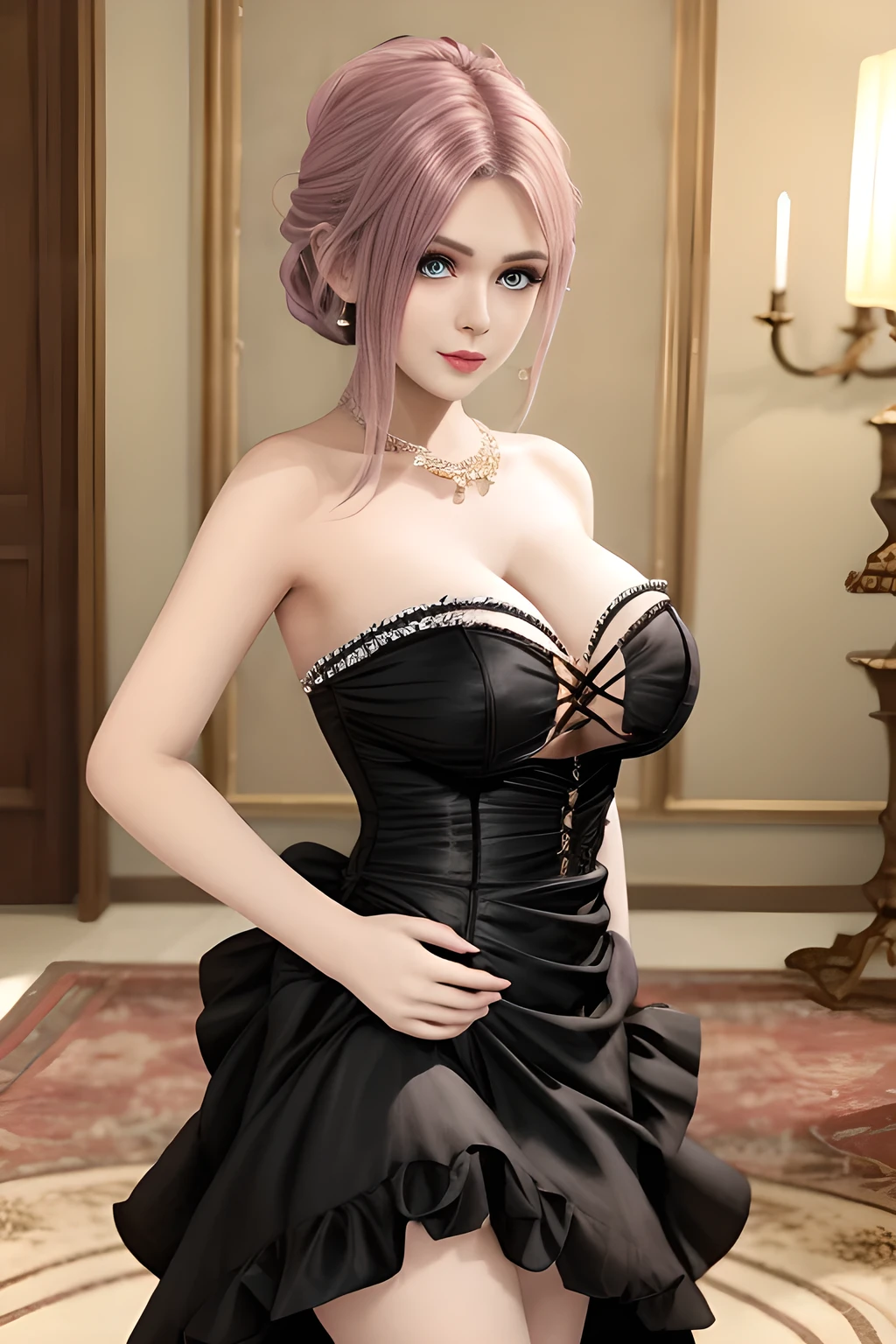 1girl is wearing an elegant black strapless dress. The perspective-dress is beautifully designed with ruching on the bodice and a cascading ruffled asymmetrical hem, adding a playful and chic touch to the outfit. The person is standing upright, with one hand gently touching their leg and the other hand relaxed by their side. The background is plain and neutral, drawing attention to the dress itself. The lighting is soft, highlighting the details of the dress and creating a fashionable and stylish atmosphere,, huge breasts, elise