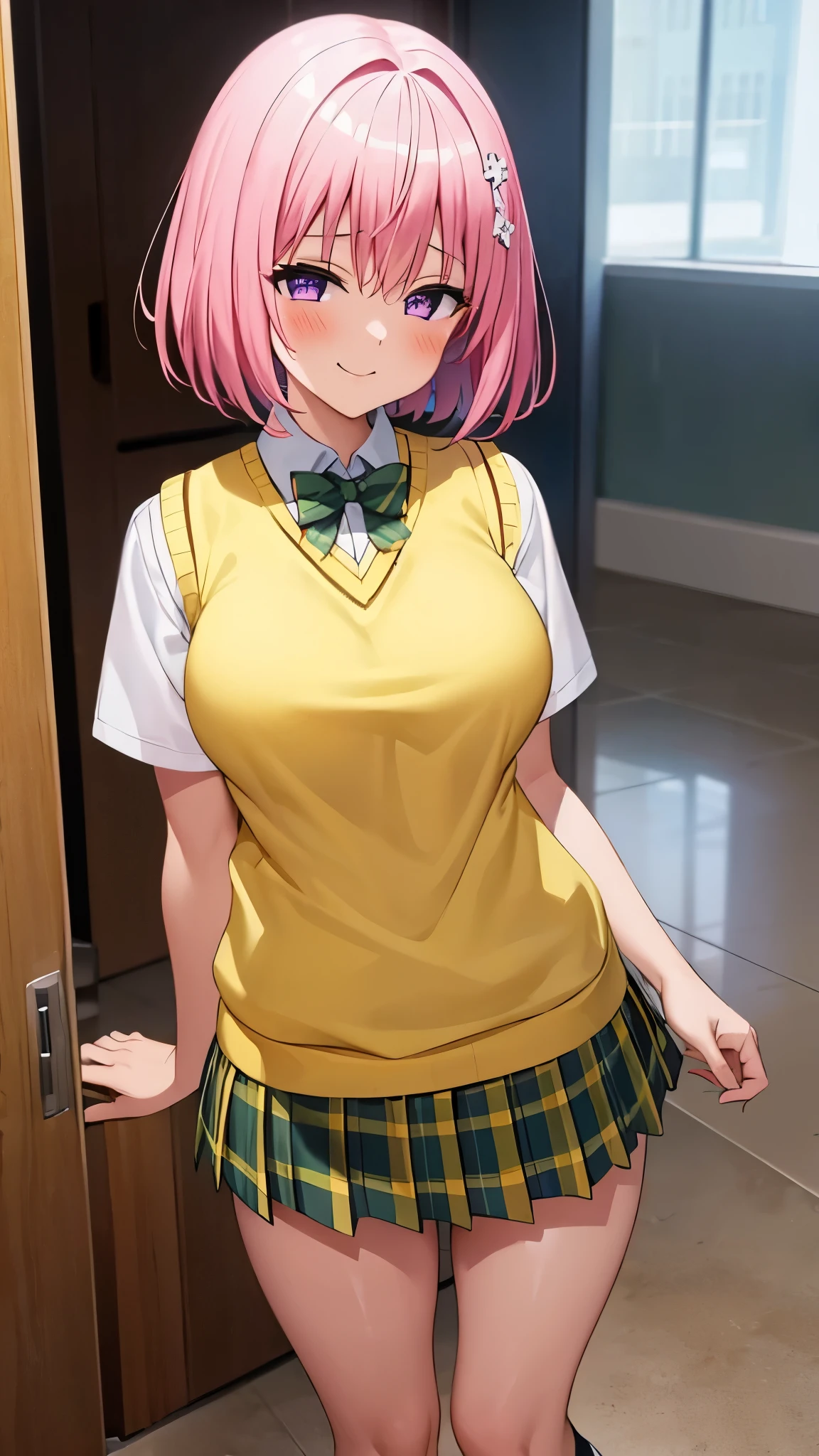 8k,Highest,quality,(highest quality:1.1), (masterpiece:1.4), (Confused:1.0), 
1 girl, Momo Deviluke, hair ornaments, Bobcut, Short Hair Pink Hair, Purple eyes, Large Breasts, green skirt, Plaid, Plaid skirt, sainan high school uniform, skirt, Sweater vest, Knee socks, (Yellow Sweater:1.5), Short sleeve,classroom, (blush:1.2), smile,（Perfect Fingers）,mesugaki,
