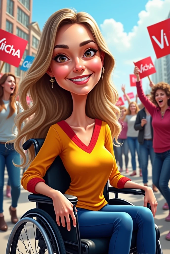 I am a wheelchair user, white, have brown eyes and long blond and dark hair and I am a candidate for councilor.. I would like you to create a caricature of a wheelchair user in the front with a yellow and red blouse and me happy and the people behind vibrating and happy and holding signs with the name Vi Rocha