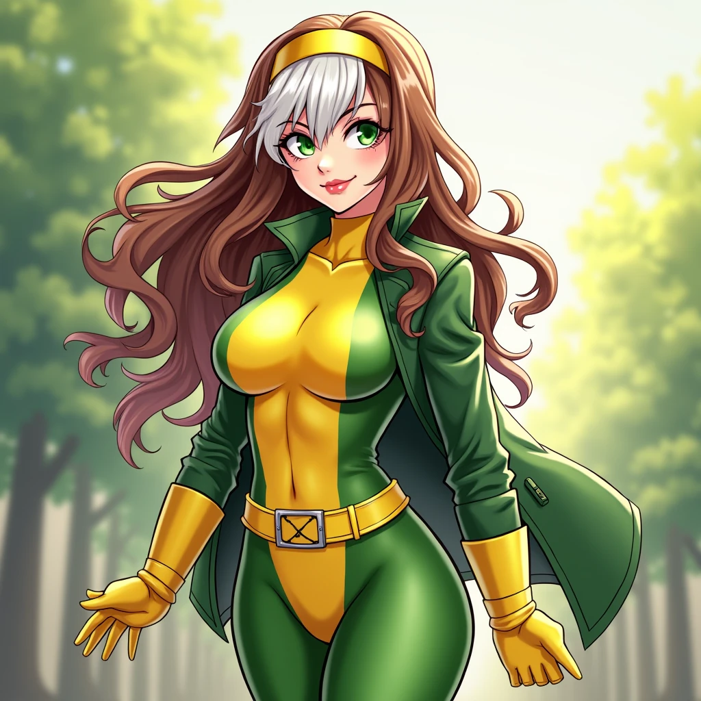 good anatomy, masterpiece, best quality, bokeh, depth of field, highres, high quality, 1girl,
X_MENs_Rogue,
long hair,breasts,brown hair,green eyes,lipstick,makeup,lips,white hair,two-tone hair,headband,wavy hair,large breasts,messy hair,curly hair,big_hair,
yellow bodysuit,jacket,gloves,belt,yellow gloves,green bodysuit,bodysuit,multicolored bodysuit,superhero, skin tight,multicolored clothes,