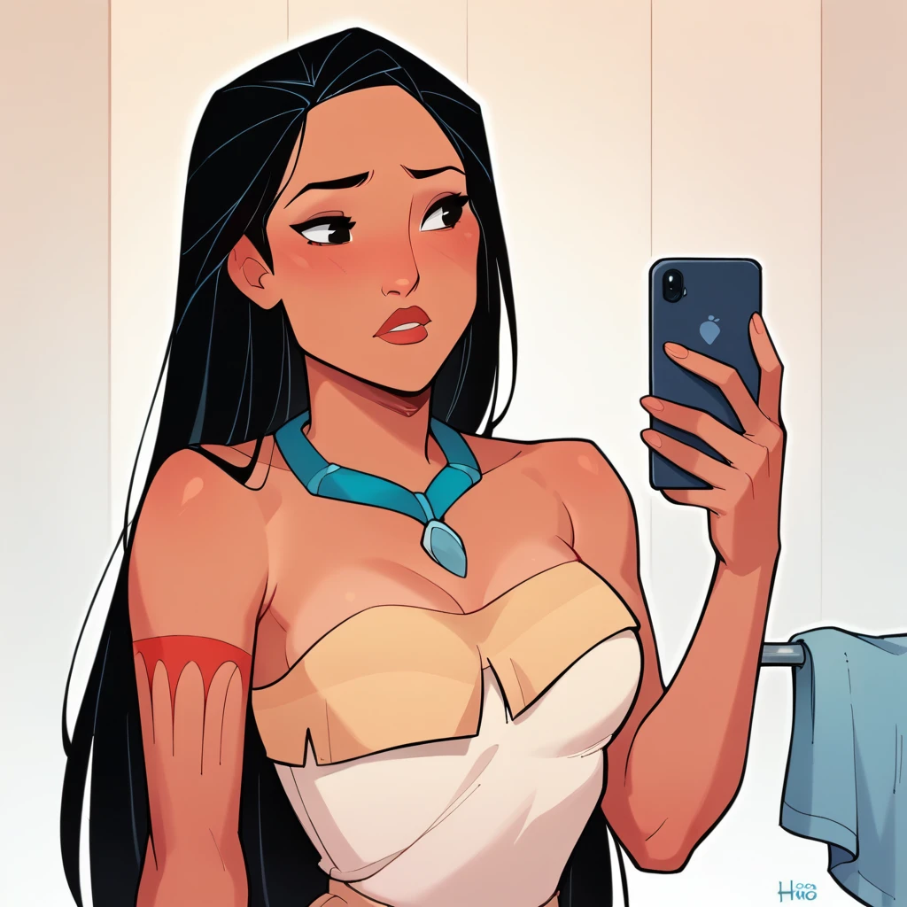 score_9_presence, score_8_up, Pocahontas, wrapped in towel, medium breasts, holding phone