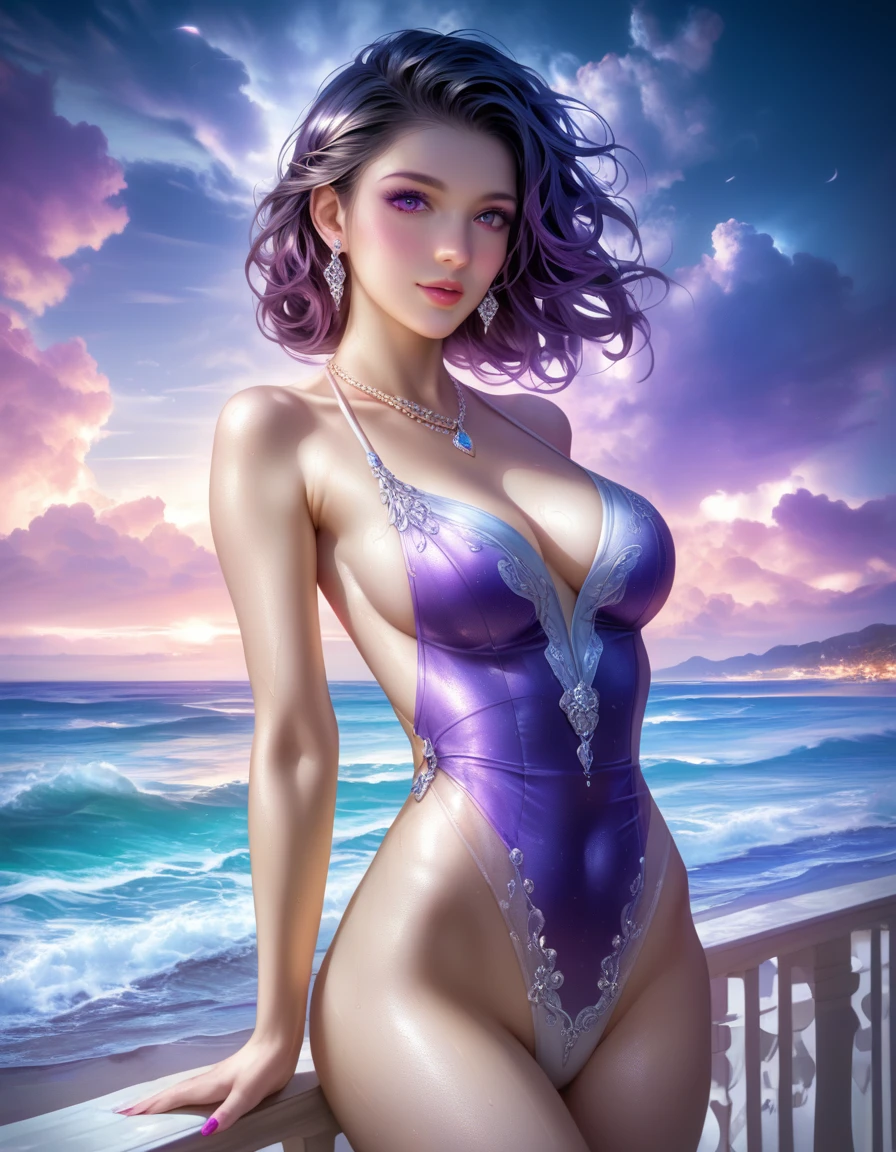 score_9, score_8_superior, score_7_superior, A masterpiece in 32K resolution,Highest quality,it is really amazing,Very detailed,Ultra-high resolution,Ultra-realistic,Realistic,Increased depth of field,Cinematic lighting,
Elegant mature Japanese woman,
black straight medium hair,Ultra-detailed and beautiful face,Calm expression,Translucent white skin,Realistic skin texture,Great proportions,
Sexy high leg dress swimsuit,
Luxurious design,Chic color patterns,Beautifully detailed decoration,Detailed fabric texture,
Gorgeous necklace,Earrings,
Dark skies before the storm,Dark clouds covering the dark sky,Thunderclouds rolling in,Coastline at night,Stormy seas,delay々A desolate sandy beach that continues,
Dramatic Angle,Beautiful back view,