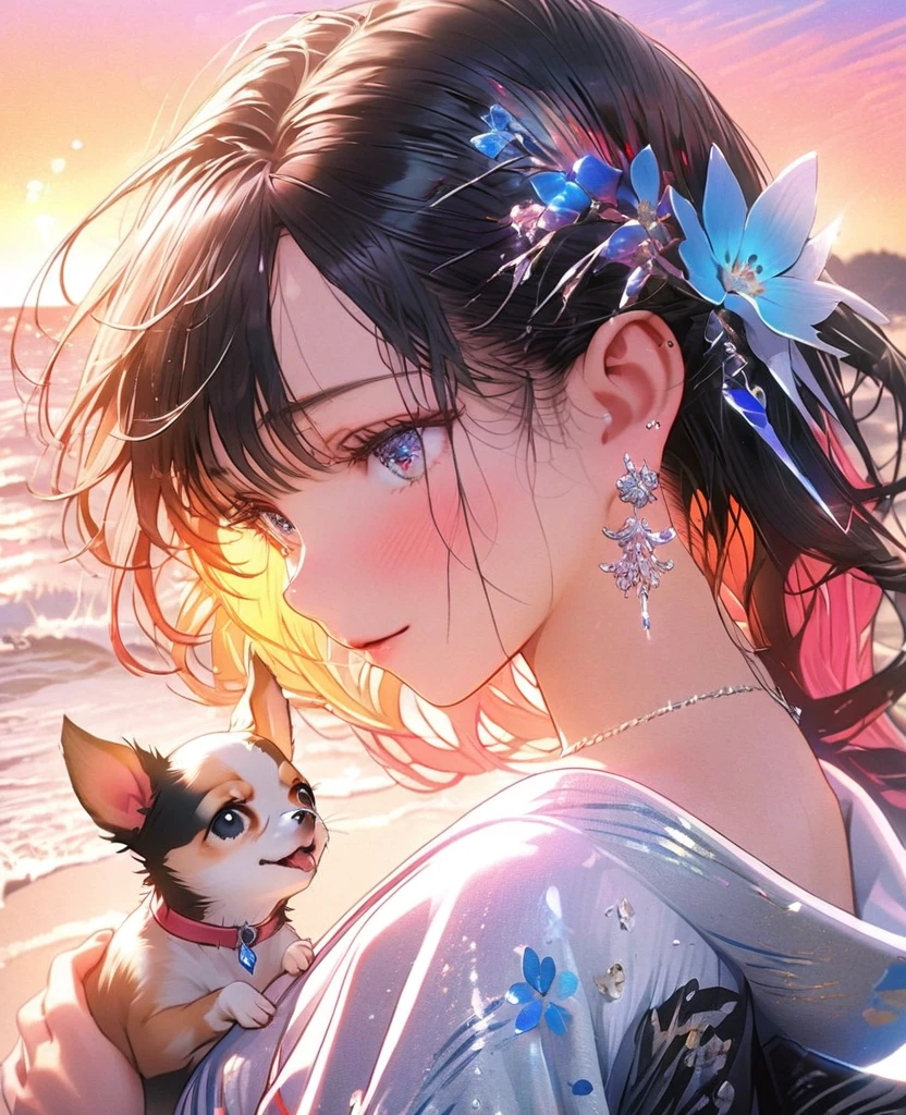 8k,Ephemeral beauty，Very delicate and beautiful,Beautiful and realistic skin,Shiny jewel-like tiny earrings,Black Hair、Long and colorful hair,Beautiful Eyes,good,Beautiful sunset、dog(Chihuahua)Play with
