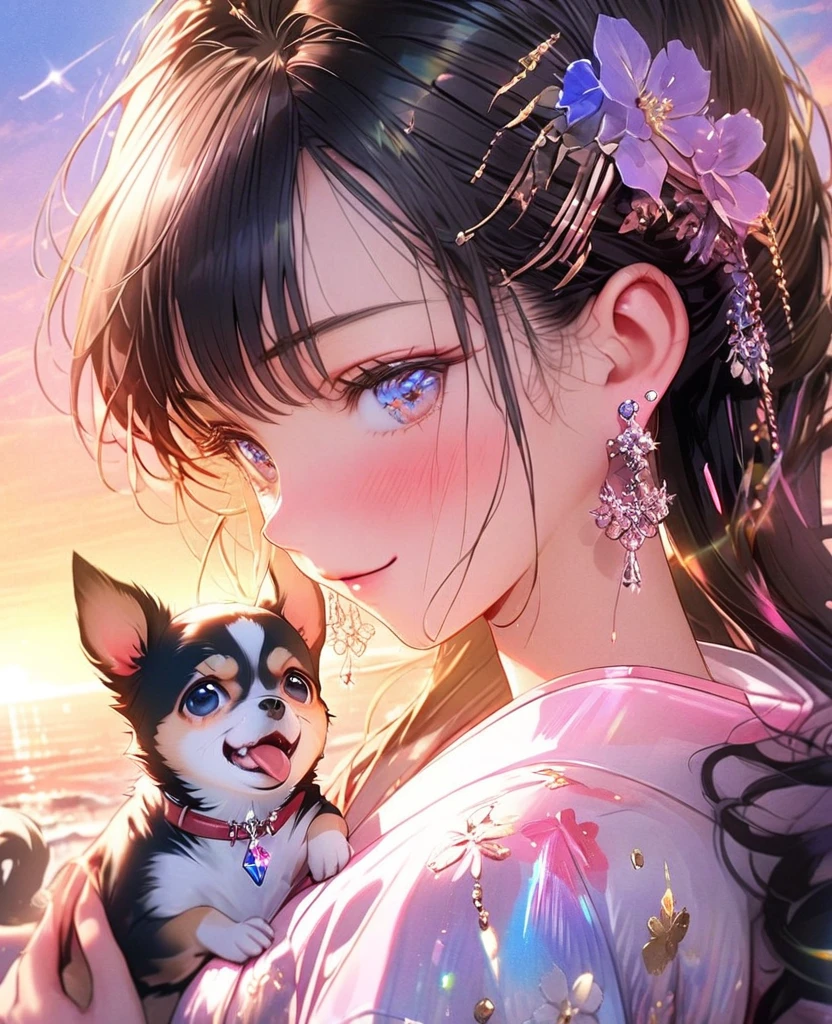 8k,Ephemeral beauty，Very delicate and beautiful,Beautiful and realistic skin,Shiny jewel-like tiny earrings,Black Hair、Long and colorful hair,Beautiful Eyes,good,Beautiful sunset、dog(Chihuahua)Play with
