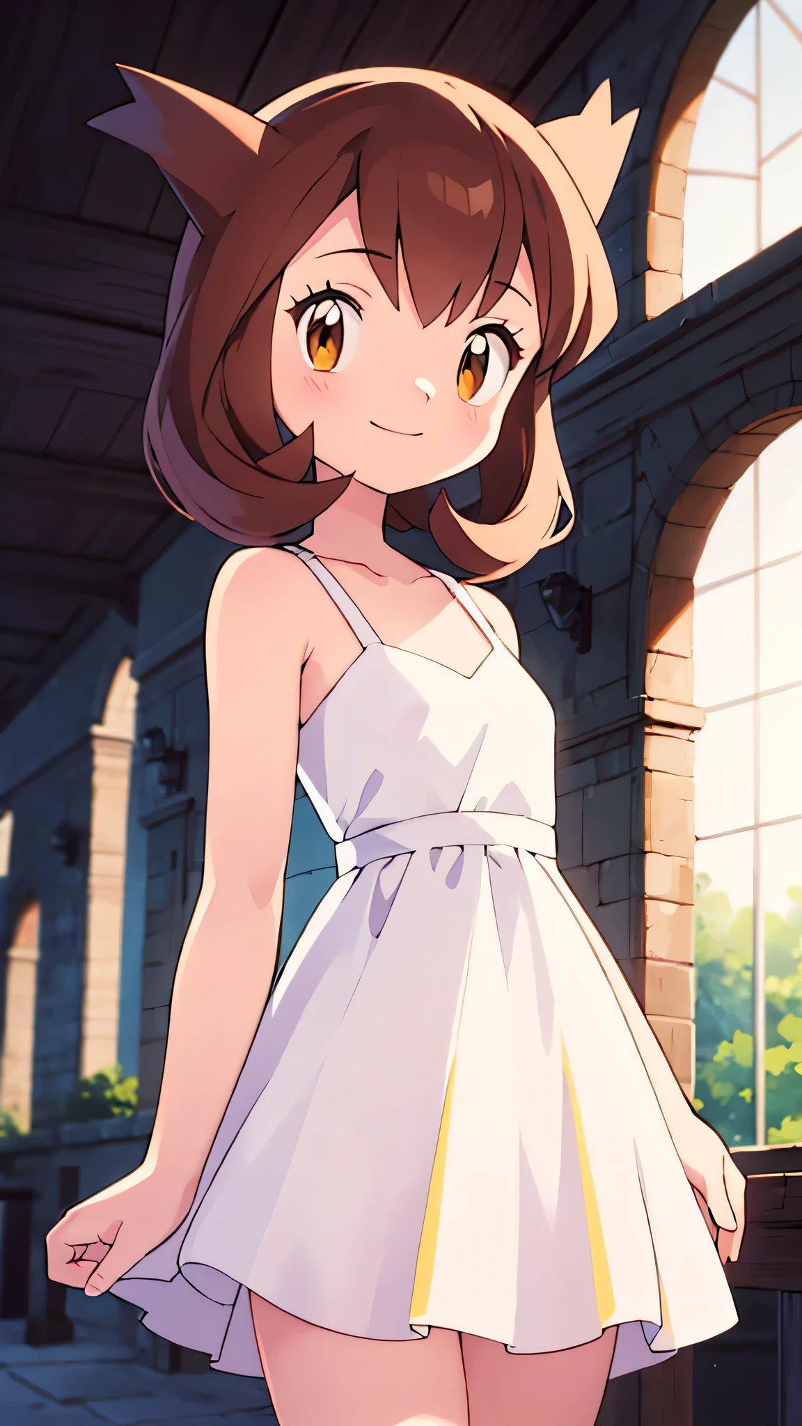 masterpiece, best quality, ultra-detailed, illustration, beautiful detailed eyes, very detailed illustration, cinematic lighting, 1 girl, solo, Pokemon Heroes (Bianca), Brown Hair, brown eyes, bare shoulders, bare neck, strip sleeveless white dress, smile, ballroom, cowboy shot, facing viewer, absurdres, Teenager, window of a beautiful sundown, arms at sides.
