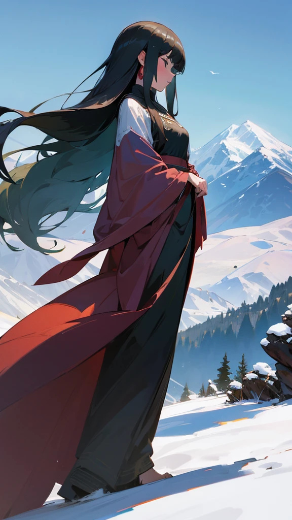 beautiful woman with long hair, mountain background ghilbi staly