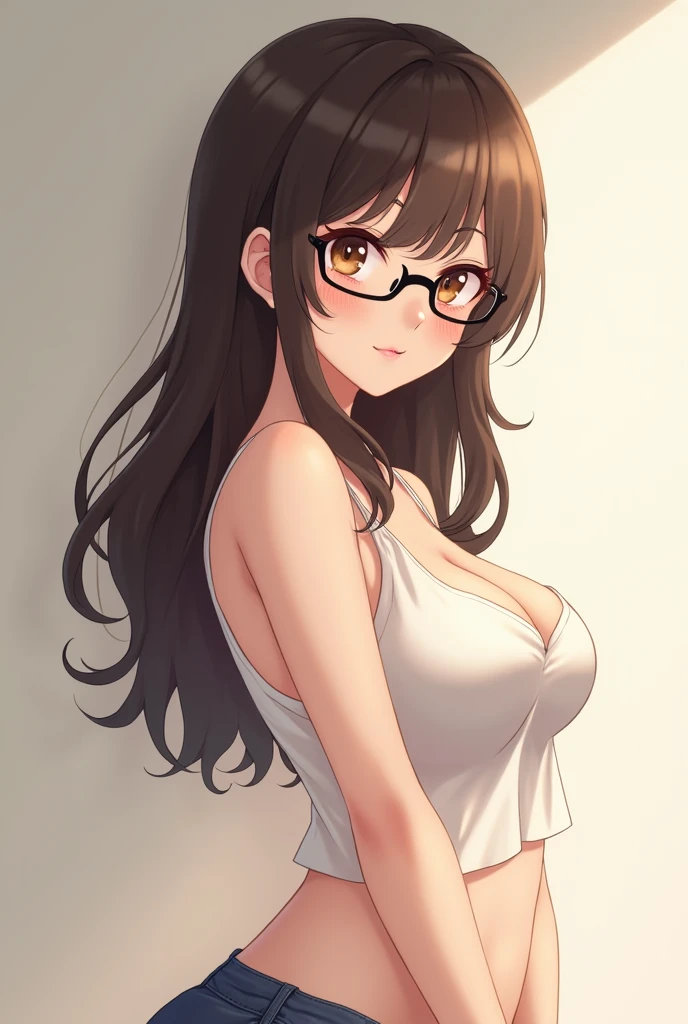 Generate an anime character of a girl with the following traits, fair skin long dark brown hair, brown eyes with round face, that uses secretary glasses, I want her to have a shy and tender but sexy attitude, I want her to wear a low-cut top and show off her very large breasts. I want her face to be rounder.