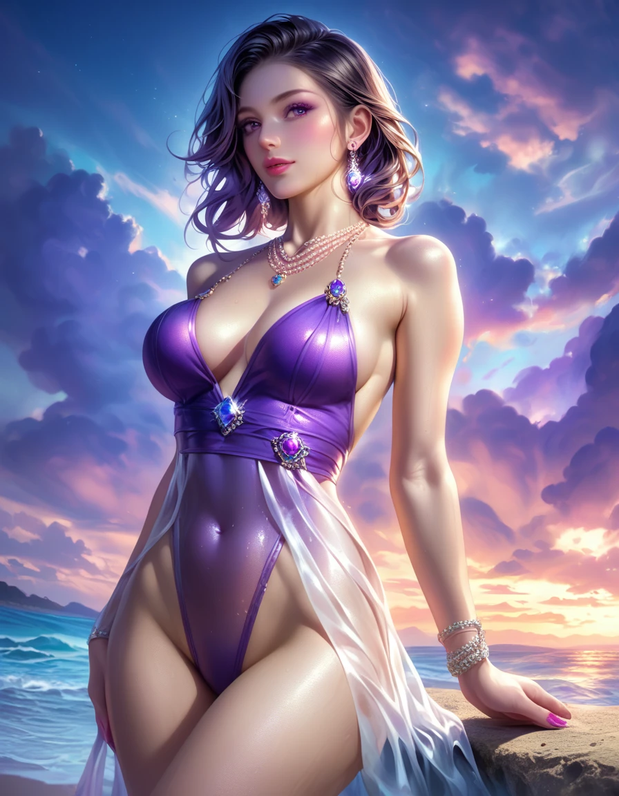 score_9, score_8_superior, score_7_superior, A masterpiece in 32K resolution,Highest quality,it is really amazing,Very detailed,Ultra-high resolution,Ultra-realistic,Realistic,Increased depth of field,Cinematic lighting,
Elegant mature Japanese woman,
black straight medium hair,Ultra-detailed and beautiful face,Calm expression,Translucent white skin,Realistic skin texture,Great proportions,
Sexy high leg dress swimsuit,
Luxurious design,Chic color patterns,Beautifully detailed decoration,Detailed fabric texture,
Gorgeous necklace,Earrings,
Dark skies before the storm,Dark clouds covering the dark sky,Thunderclouds rolling in,Coastline at night,Stormy seas,delay々A desolate sandy beach that continues,
Dramatic Angle,Beautiful back view,