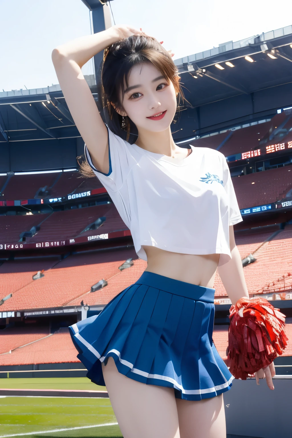 masterpiece、Highest quality、Detailed face、Japanese women、Woman in her 20s、Stadium、Cheerleader、Dynamic pose、Skirt flips、Jump、Butt