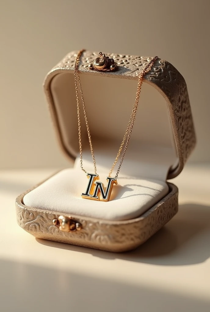 (photorealism:1.2), hypertralist a necklace with the initial "IN" in its open little box