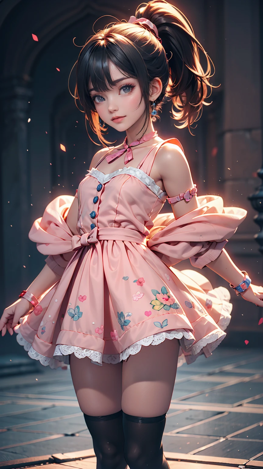 Drawing of a girl in a ponytail and dress, cute 3d rendering, cute detailed digital art, mini cute girl, cute digital painting, 3D rendering style, cute digital art, cute rendering 3d anime girl, Small Curvy Loli, cute! C4D, One character's whole body, Standing on a white pedestal
