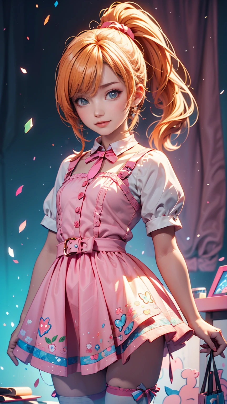 Drawing of a girl in a ponytail and dress, cute 3d rendering, cute detailed digital art, mini cute girl, cute digital painting, 3D rendering style, cute digital art, cute rendering 3d anime girl, Small Curvy Loli, cute! C4D, One character's whole body, Standing on a white pedestal
