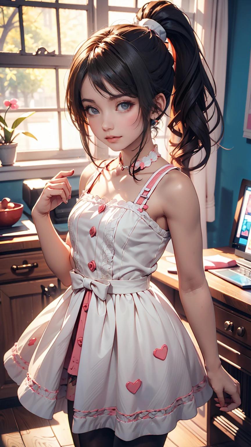 Drawing of a girl in a ponytail and dress, cute 3d rendering, cute detailed digital art, mini cute girl, cute digital painting, 3D rendering style, cute digital art, cute rendering 3d anime girl, Small Curvy , cute! C4D, One character's whole body, Standing on a white pedestal