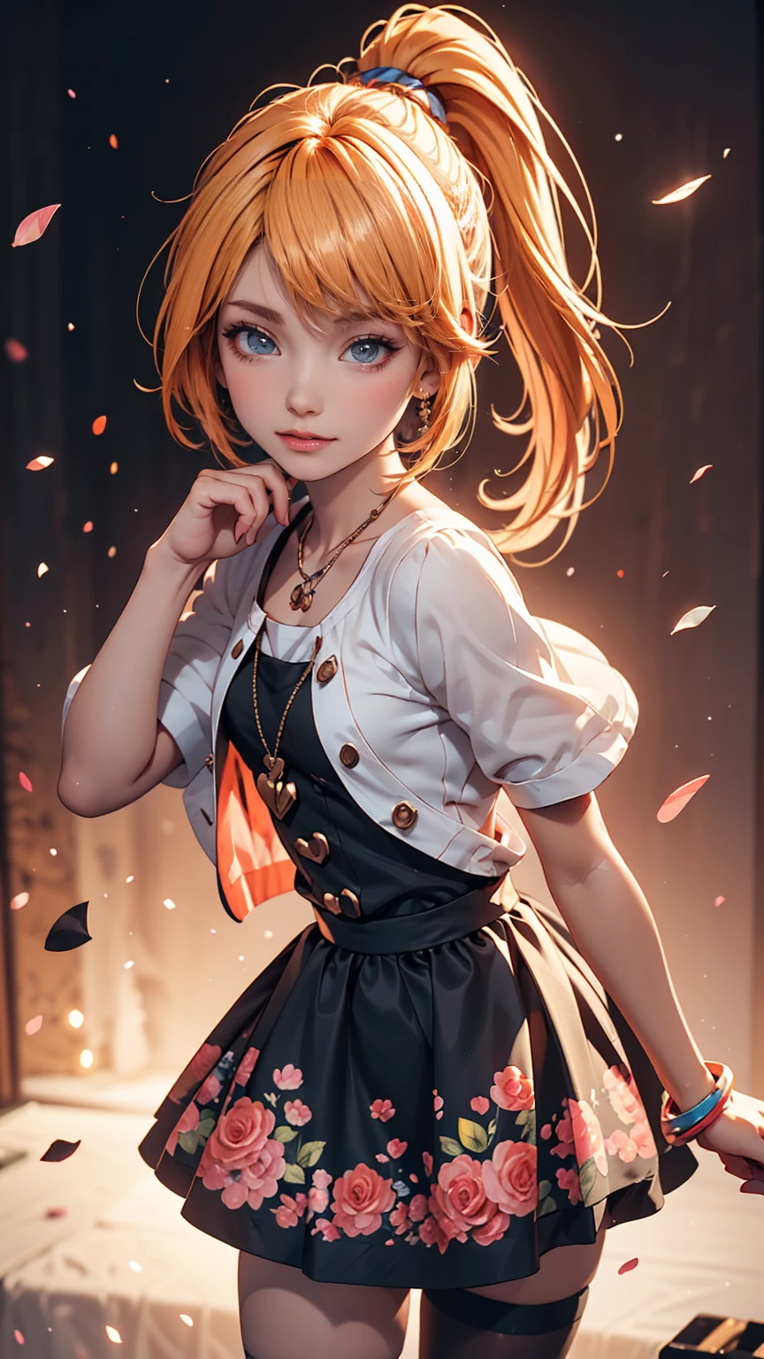 Drawing of a girl in a ponytail and dress, cute 3d rendering, cute detailed digital art, mini cute girl, cute digital painting, 3D rendering style, cute digital art, cute rendering 3d anime girl, Small Curvy Loli, cute! C4D, One character&#39;s whole body, Standing on a white pedestal
