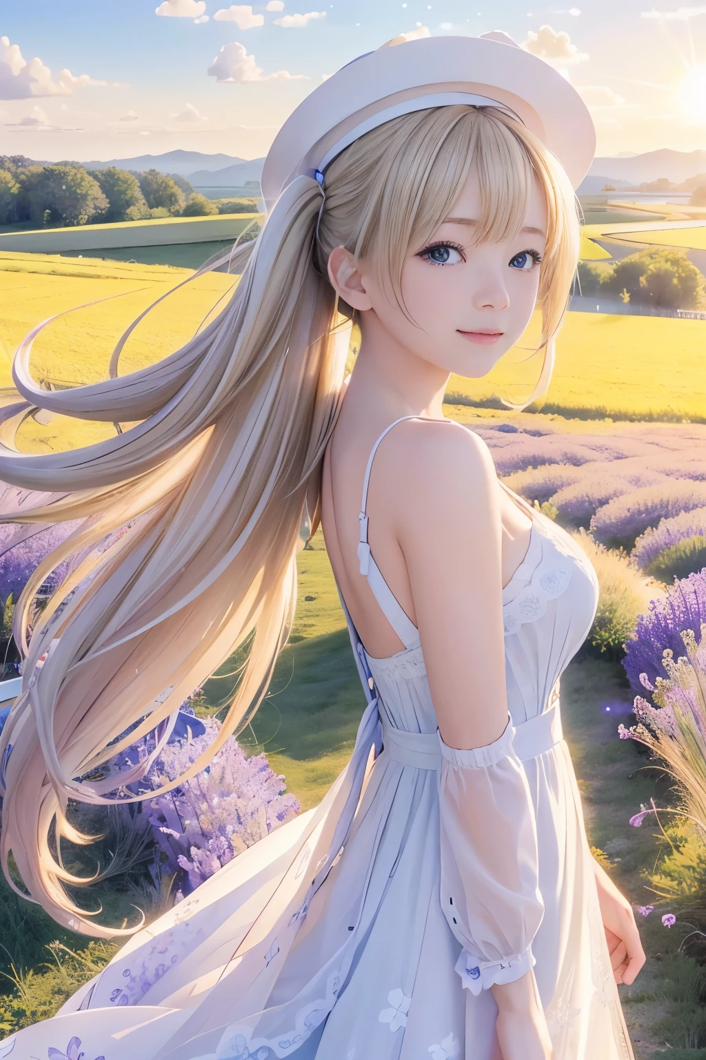 (8k, RAW photo, realistic, photo-realistic:1.5), masterpiece, best quality, high resolution, extremely detailed, detailed background, cinematic lighting, dynamic angle, lens flare, dramatic, 1girl, cute girl, solo, wind, pale-blonde hair, blue eyes, very long twintails, white hat, blue sky, laugh, flying petal, flowery field, sky, lavender, sun, field, fractal art,naked