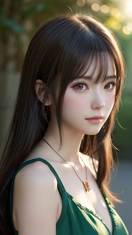 Close-up of a woman wearing a green dress and necklace, Gweiz-style artwork, Realistic Anime 3D Style, Beautiful anime portraits, Anime realism style, Detailed portrait of an anime girl, Beautiful character drawings, Jan J, Stunning Anime Face Portraits, Realistic anime art style, Anime Girl Portrait, Beautiful anime style