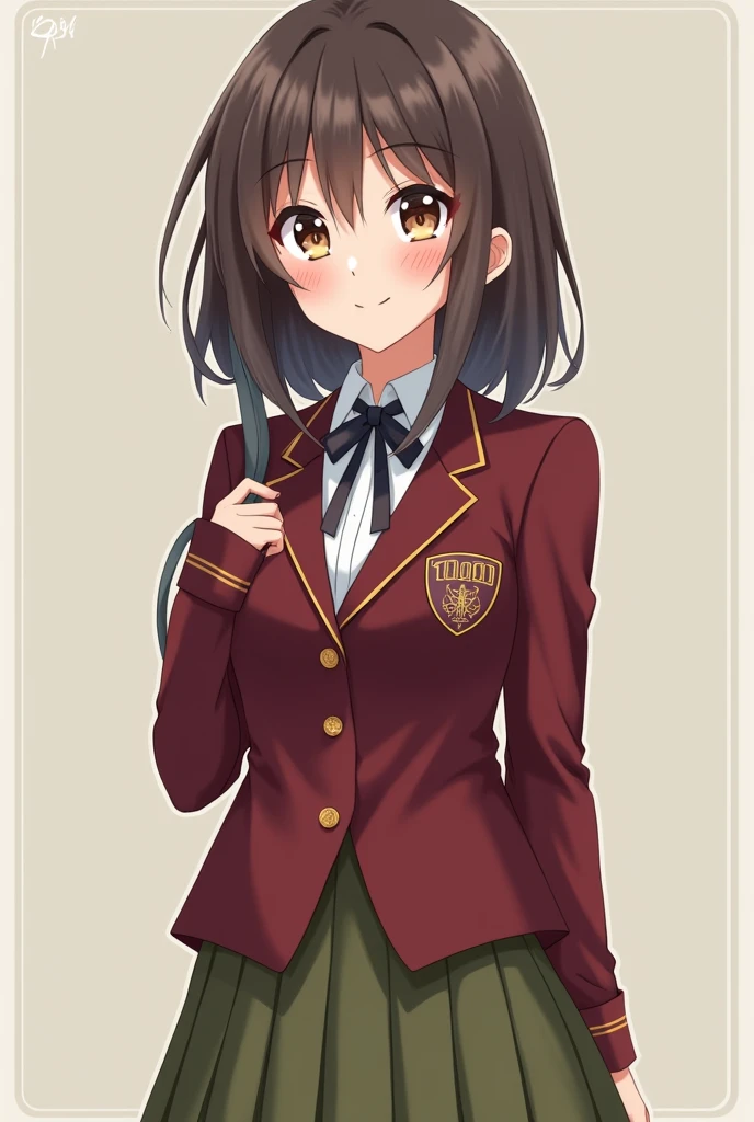 Anime, Japanese, College student, Beautiful, Blushing, Friendly expression, Elegant maroon uniform and olive green skirt, Young lady, 9000 characters on the left chest