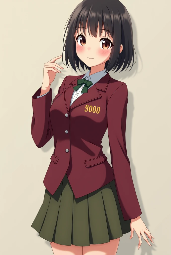 Anime, Japanese, College student, Beautiful, Blushing, Friendly expression, Elegant maroon uniform and olive green skirt, Young lady, 9000 characters on the left chest