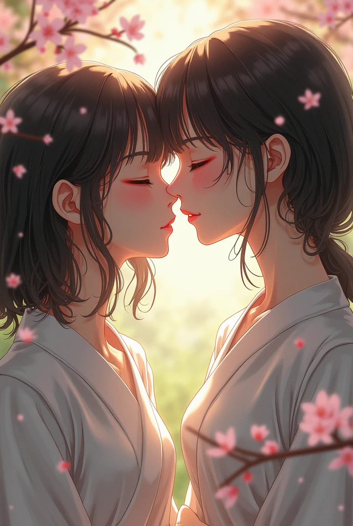 Woman kissing woman in flowered garden, A nice kiss, by Audrey Kawasaki, Anime Art Nouveau, Korean Art Nouveau Animation, Beautiful artwork illustration, Lesbian Art, by Takeshi Obata, Conrad Rothe and Makoto Shinkai, Written by Ayami Kojima, Beautiful anime artwork, Kiss together, Kiss together cutely