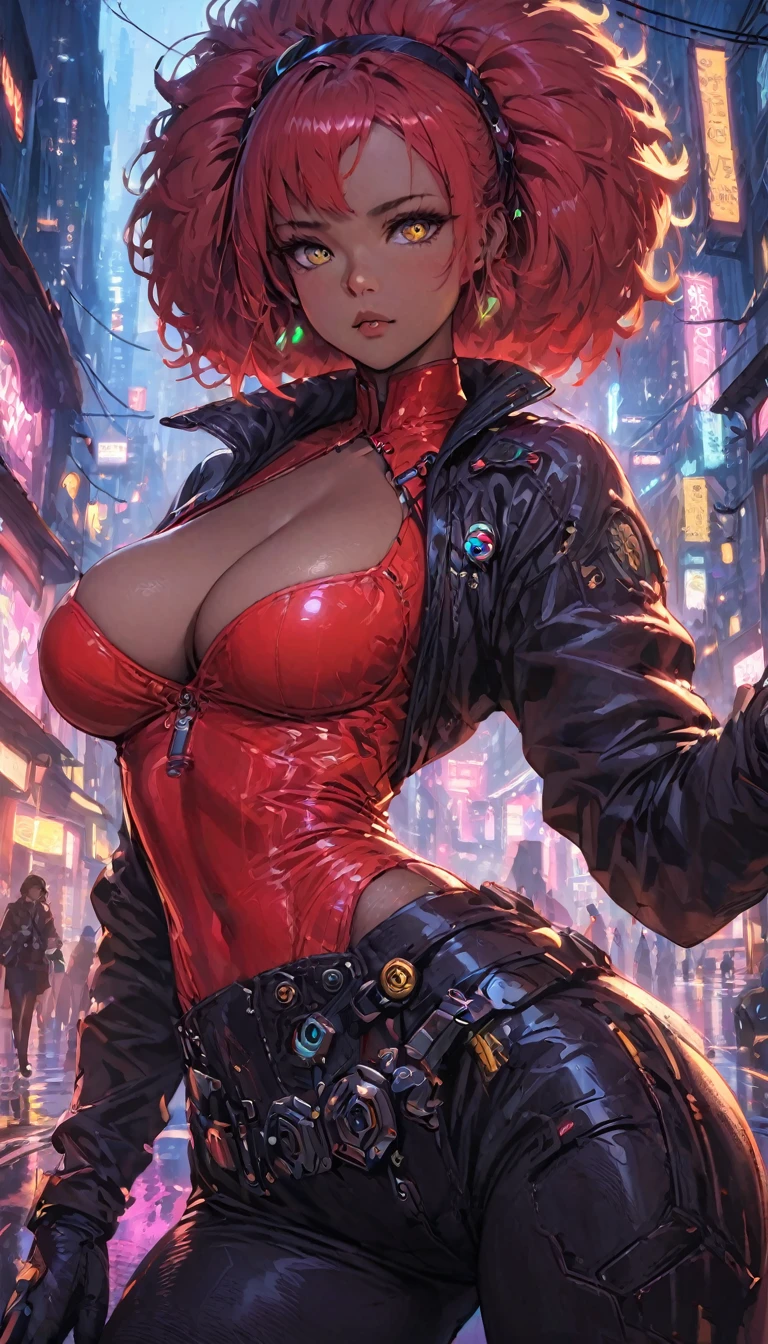 best quality,4k,8k,highres,masterpiece:1.2), ultra-detailed, extremely detailed eyes, extremely detailed body, (large masterpiece digital art), (detailed manga illustration), (detailed line art), ((perfect anatomy)), (intricate details:1.3), (ultra-detailed:1.3), (illustration:1.3), (sharp focus:1.3), (natural lighting:1.05), (vivid colors:1.3),, high quality, expressive eyes, detailed face, beautiful face, perfect face, 1 girl, breasts, cleavage, gloves, large breasts, cyberpunk clothes, leather jacket, very long hair, thigh length hair, ({dark skin}), dark-skinned female ,detailed ((red hair)), messy hair, ((afro)), brown eyes, filipino, hourglass physique, jeans, thick thighs, toned, dynamic lighting, 4k resolution, dynamic pose, smiling, city background, posing, motorcycle, tool belt, cinematic lighting, dramatic atmosphere, Atey Ghailan, Jeremy Mann, Greg Manchess, Antonio Moro, trend in ArtStation, trend in CGSociety, Intricate, High Detail, Sharp focus, dramatic and photorealistic painting art by Midjourney and Greg Rutkowski, Jeff Bridges, ((cartoon style)),