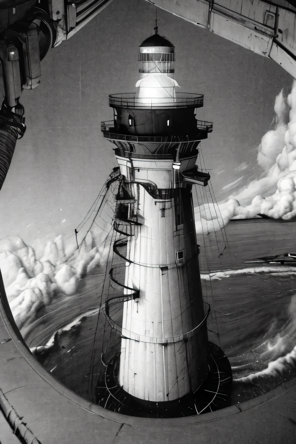 A distorted lighthouse on top of a suspended platform above wild ocean waters in the darkness, black and white