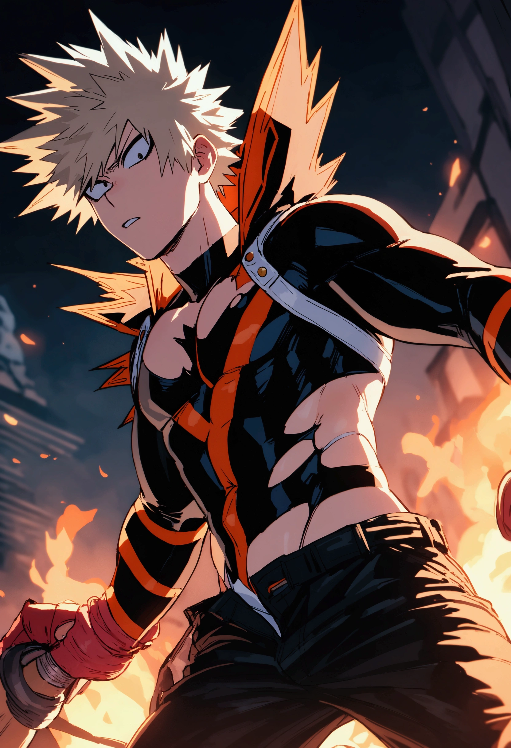 Bakugo Katsuki in his torn hero suit riding Enji Todoroki&#39;s cock with his cock out of his pants from My hero academia, 