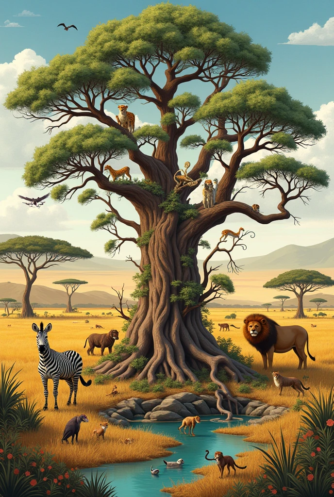 ChatGPT 4th mini Enter create a small food web using 10 animals from the African savannah ChatGPT Claro! Here is a small food web with 10 animals from the African savannah:
gram (primary producer)
Herbivorous insects (like grasshoppers) (primary consumers)
zebras (primary consumers)
locusts (primary consumers)
lions (secondary consumers, predators of zebras and other herbivores)
Hienas (secondary consumers, can consume zebras and other animals)
Chitas (secondary consumers, predators of zebras and other ungulates)
vultures (tertiary consumers, feed on the carcasses of dead animals)
snakes (tertiary consumers, predators of small animals and insects)
monkeys (tertiary consumers, feed on insects, fruits and small vertebrates)