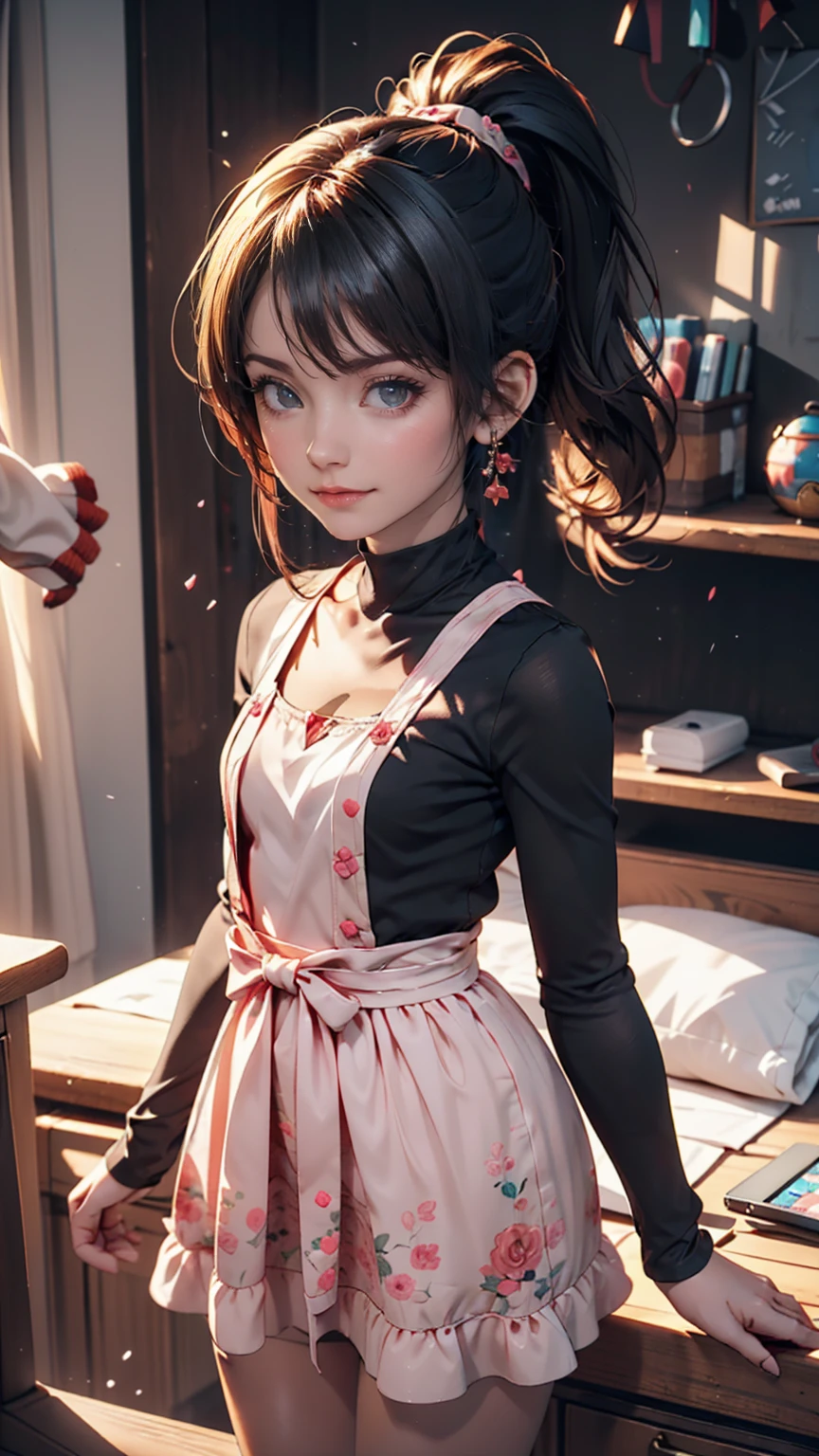 Drawing of a girl in a ponytail and dress, cute 3d rendering, cute detailed digital art, mini cute girl, cute digital painting, 3D rendering style, cute digital art, cute rendering 3d anime girl, Small Curvy Loli, cute! C4D, One character's whole body, Standing on a white pedestal